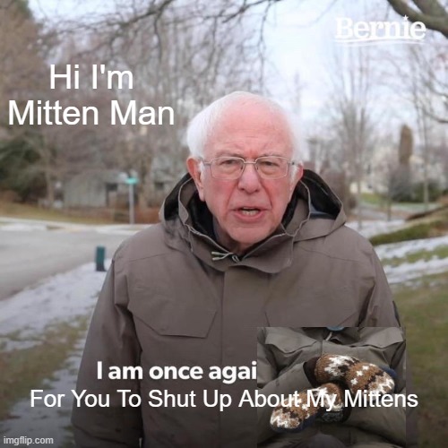 Bernie I Am Once Again Asking For Your Support | Hi I'm Mitten Man; For You To Shut Up About My Mittens | image tagged in memes,bernie i am once again asking for your support | made w/ Imgflip meme maker