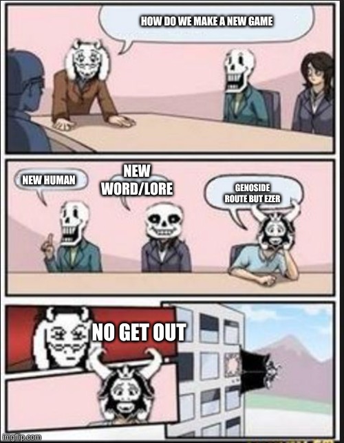 lol | HOW DO WE MAKE A NEW GAME; NEW WORD/LORE; NEW HUMAN; GENOSIDE ROUTE BUT EZER; NO GET OUT | image tagged in boardroom meeting suggestion undertale version | made w/ Imgflip meme maker