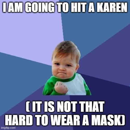 karens | I AM GOING TO HIT A KAREN; ( IT IS NOT THAT HARD TO WEAR A MASK) | image tagged in memes,success kid | made w/ Imgflip meme maker