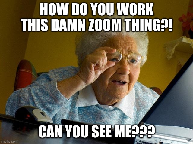 zooms | HOW DO YOU WORK THIS DAMN ZOOM THING?! CAN YOU SEE ME??? | image tagged in memes,grandma finds the internet | made w/ Imgflip meme maker