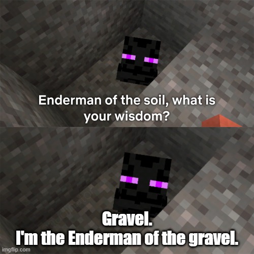 Or perhaps it's just a very short Enderman | Gravel.
I'm the Enderman of the gravel. | image tagged in enderman of the soil,enderman,minecraft,gravel,misunderstanding,memes | made w/ Imgflip meme maker