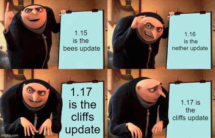 Gru's Plan | 1.15 
is the 
bees update; 1.16
 is the
nether update; 1.17 
 is the 
cliffs update; 1.17 is the cliffs update | image tagged in memes,gru's plan | made w/ Imgflip meme maker