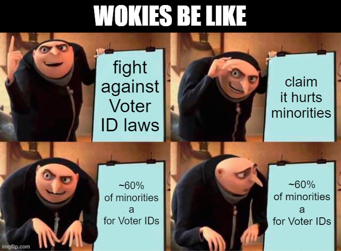 If the "system" is rigged against us, anyway, why would we dispose of laws to ensure that doesn't happen? | WOKIES BE LIKE; fight against Voter ID laws; claim it hurts minorities; ~60% of minorities a for Voter IDs; ~60% of minorities a for Voter IDs | image tagged in memes,gru's plan,leftist,woke,voter id,colored people | made w/ Imgflip meme maker
