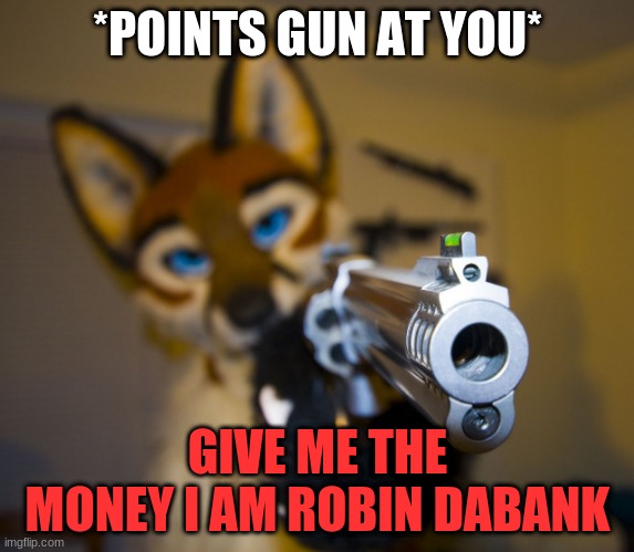 Furry with gun | *POINTS GUN AT YOU*; GIVE ME THE MONEY I AM ROBIN DABANK | image tagged in furry with gun | made w/ Imgflip meme maker