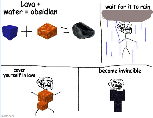 my evil plan | Lava + water = obsidian; wait for it to rain; cover yourself in lava; become invincible | image tagged in funny,logic | made w/ Imgflip meme maker