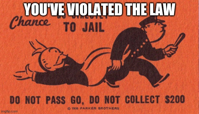 Go to jail | YOU'VE VIOLATED THE LAW | image tagged in go to jail | made w/ Imgflip meme maker