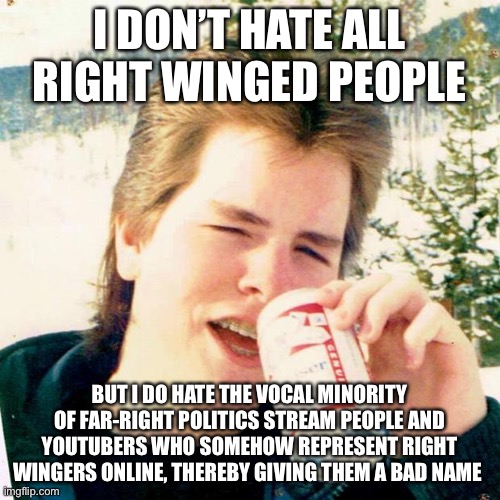 Eighties Teen | I DON’T HATE ALL RIGHT WINGED PEOPLE; BUT I DO HATE THE VOCAL MINORITY OF FAR-RIGHT POLITICS STREAM PEOPLE AND YOUTUBERS WHO SOMEHOW REPRESENT RIGHT WINGERS ONLINE, THEREBY GIVING THEM A BAD NAME | image tagged in memes,eighties teen | made w/ Imgflip meme maker