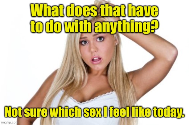 Dumb Blonde | What does that have to do with anything? Not sure which sex I feel like today. | image tagged in dumb blonde | made w/ Imgflip meme maker