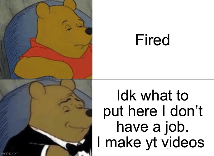 Fired more like shmired | Fired; Idk what to put here I don’t have a job. I make yt videos | image tagged in memes,tuxedo winnie the pooh | made w/ Imgflip meme maker