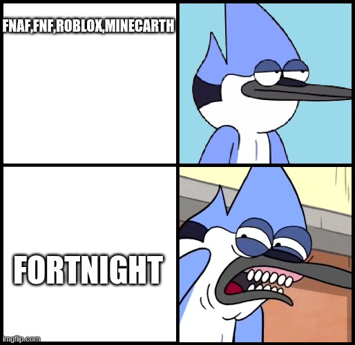 *Fortnite | FNAF,FNF,ROBLOX,MINECARTH; FORTNIGHT | image tagged in mordecai disgusted | made w/ Imgflip meme maker