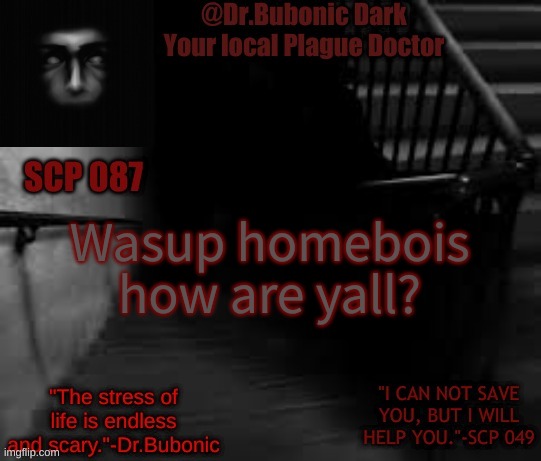 Bubonics Scp 087 temp | Wasup homebois how are yall? | image tagged in bubonics scp 087 temp | made w/ Imgflip meme maker