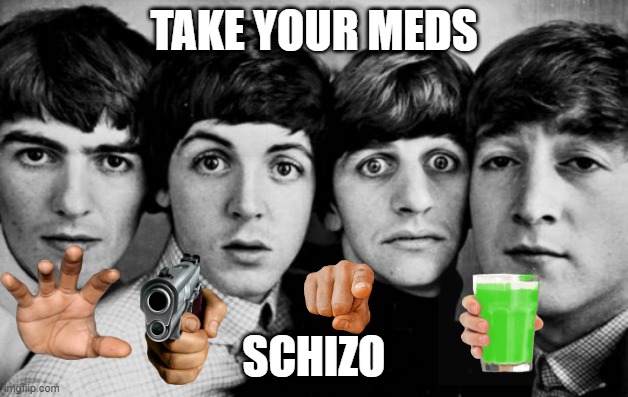 THE BEATLES IN SHOCK | TAKE YOUR MEDS; SCHIZO | image tagged in the beatles in shock | made w/ Imgflip meme maker