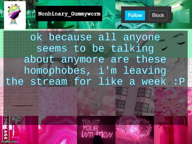 Nonbinary_Gummyworm announcement template | ok because all anyone seems to be talking about anymore are these homophobes, i'm leaving the stream for like a week :P | image tagged in nonbinary_gummyworm announcement template | made w/ Imgflip meme maker