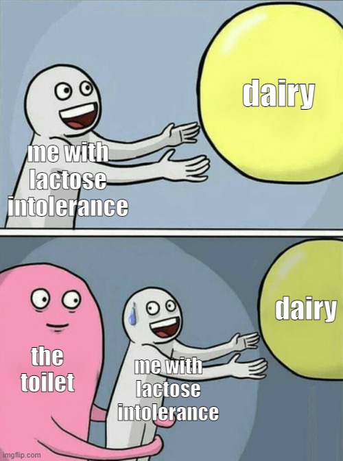 My lactose intolerance and the toilet | dairy; me with lactose intolerance; dairy; the toilet; me with lactose intolerance | image tagged in memes,running away balloon | made w/ Imgflip meme maker