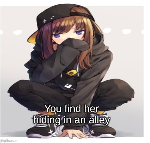 Hi | You find her hiding in an alley | image tagged in roleplaying | made w/ Imgflip meme maker