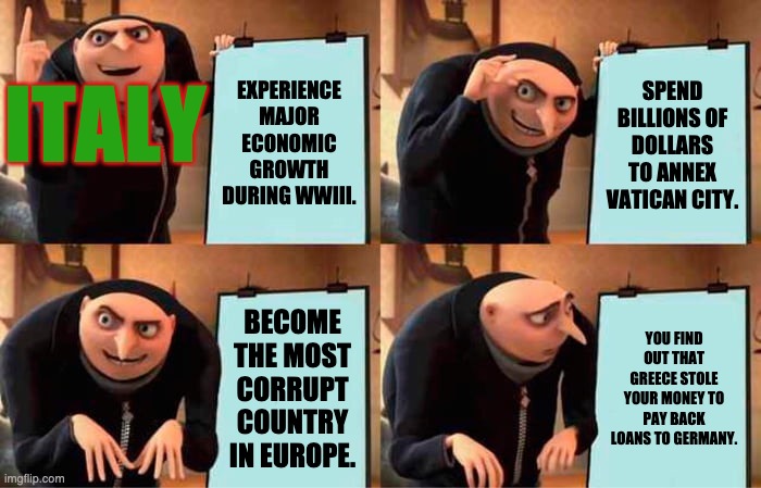 Corruption In Italy | EXPERIENCE MAJOR ECONOMIC GROWTH DURING WWIII. SPEND BILLIONS OF DOLLARS TO ANNEX VATICAN CITY. ITALY; BECOME THE MOST CORRUPT COUNTRY IN EUROPE. YOU FIND OUT THAT GREECE STOLE YOUR MONEY TO PAY BACK LOANS TO GERMANY. | image tagged in memes,gru's plan | made w/ Imgflip meme maker