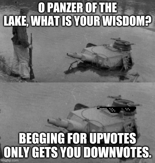 Panzer of the lake | O PANZER OF THE LAKE, WHAT IS YOUR WISDOM? BEGGING FOR UPVOTES ONLY GETS YOU DOWNVOTES. | image tagged in panzer of the lake | made w/ Imgflip meme maker
