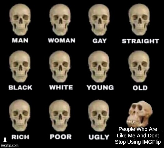 idiot skull | People Who Are Like Me And Dont Stop Using IMGFlip; A | image tagged in idiot skull | made w/ Imgflip meme maker