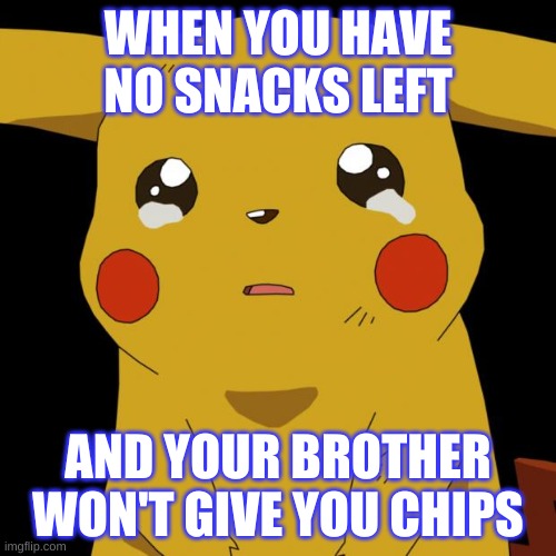 Pikachu crying | WHEN YOU HAVE NO SNACKS LEFT; AND YOUR BROTHER WON'T GIVE YOU CHIPS | image tagged in pikachu crying | made w/ Imgflip meme maker