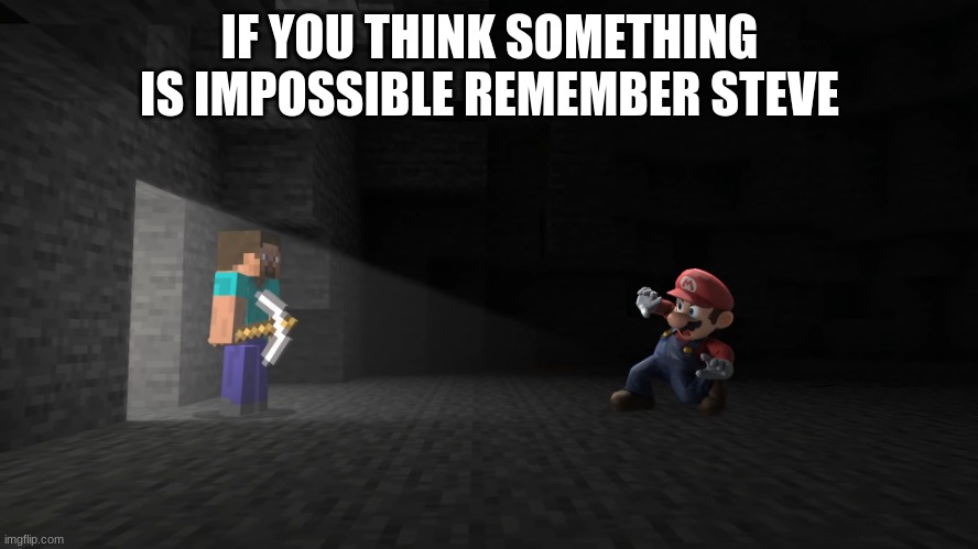 Mario in minecraft cave | IF YOU THINK SOMETHING IS IMPOSSIBLE REMEMBER STEVE | image tagged in mario in minecraft cave | made w/ Imgflip meme maker