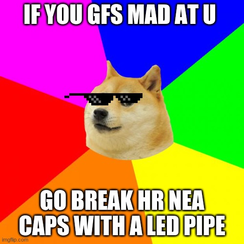 Advice Doge Meme | IF YOU GFS MAD AT U; GO BREAK HR NEA CAPS WITH A LED PIPE | image tagged in memes,advice doge | made w/ Imgflip meme maker