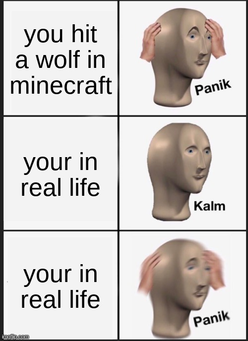 Panik Kalm Panik | you hit a wolf in minecraft; your in real life; your in real life | image tagged in memes,panik kalm panik | made w/ Imgflip meme maker