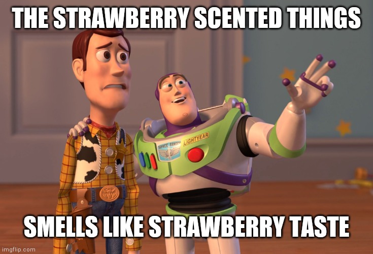 X, X Everywhere Meme | THE STRAWBERRY SCENTED THINGS SMELLS LIKE STRAWBERRY TASTE | image tagged in memes,x x everywhere | made w/ Imgflip meme maker