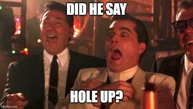 GOODFELLAS LAUGHING SCENE, HENRY HILL | DID HE SAY HOLE UP? | image tagged in goodfellas laughing scene henry hill | made w/ Imgflip meme maker