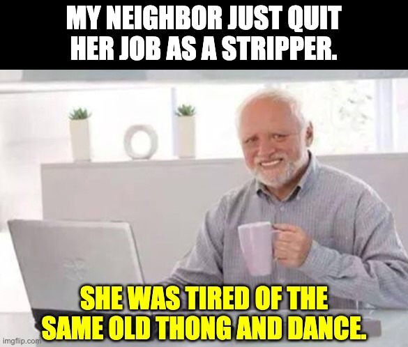 Same old | MY NEIGHBOR JUST QUIT HER JOB AS A STRIPPER. SHE WAS TIRED OF THE SAME OLD THONG AND DANCE. | image tagged in harold | made w/ Imgflip meme maker