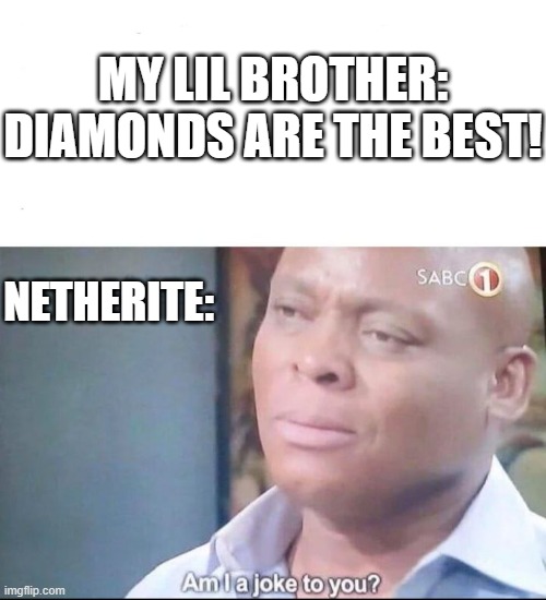 Dis id nod repods | MY LIL BROTHER: DIAMONDS ARE THE BEST! NETHERITE: | image tagged in am i a joke to you,minecraft,gaming,memes | made w/ Imgflip meme maker
