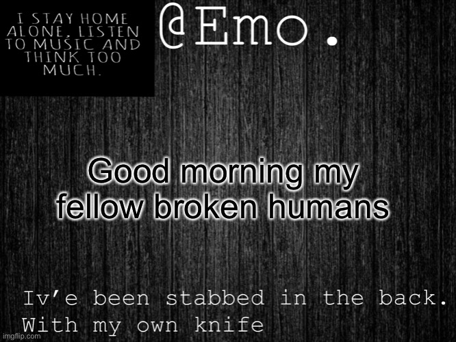 Emo Emo | Good morning my fellow broken humans | image tagged in emo emo | made w/ Imgflip meme maker