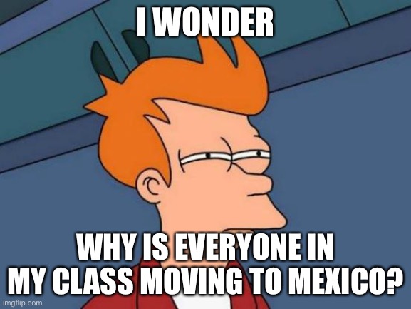DESPACITO | I WONDER; WHY IS EVERYONE IN MY CLASS MOVING TO MEXICO? | image tagged in memes,futurama fry | made w/ Imgflip meme maker