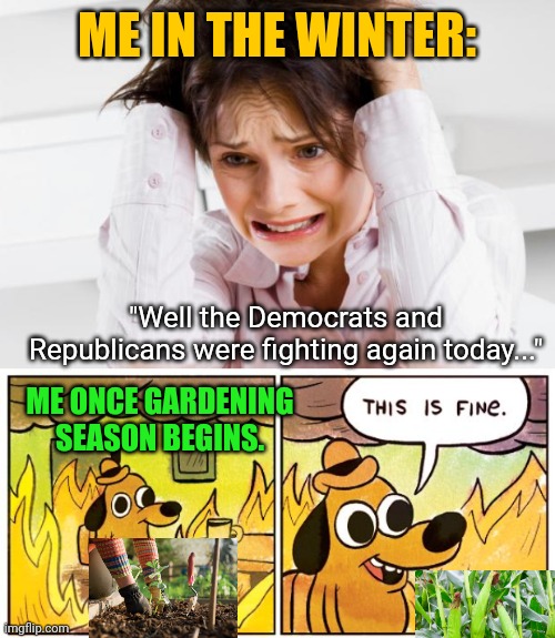 Gardening is a Sedative. | ME IN THE WINTER:; "Well the Democrats and Republicans were fighting again today..."; ME ONCE GARDENING SEASON BEGINS. | image tagged in overwhelmed,memes,this is fine,gardening,politics,let the world burn | made w/ Imgflip meme maker