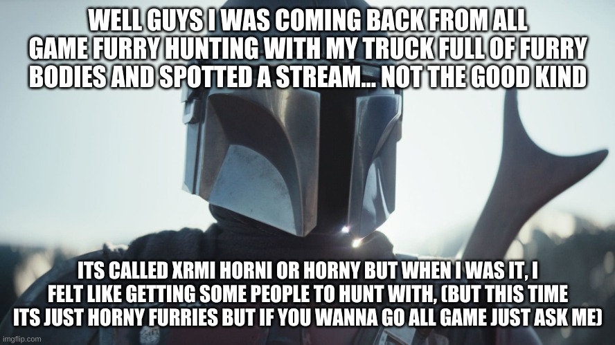 (puts bloody furry head on polls for the fnunys) | WELL GUYS I WAS COMING BACK FROM ALL GAME FURRY HUNTING WITH MY TRUCK FULL OF FURRY BODIES AND SPOTTED A STREAM... NOT THE GOOD KIND; ITS CALLED XRMI HORNI OR HORNY BUT WHEN I WAS IT, I FELT LIKE GETTING SOME PEOPLE TO HUNT WITH, (BUT THIS TIME ITS JUST HORNY FURRIES BUT IF YOU WANNA GO ALL GAME JUST ASK ME) | image tagged in the mandalorian | made w/ Imgflip meme maker