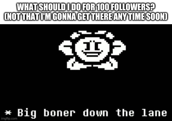 r | WHAT SHOULD I DO FOR 100 FOLLOWERS? (NOT THAT I'M GONNA GET THERE ANY TIME SOON) | image tagged in big boner down the lane | made w/ Imgflip meme maker