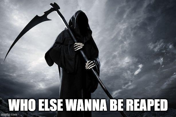 Death | WHO ELSE WANNA BE REAPED | image tagged in death | made w/ Imgflip meme maker