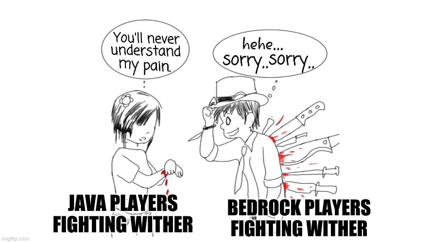 java vs bedrock wither | JAVA PLAYERS FIGHTING WITHER; BEDROCK PLAYERS FIGHTING WITHER | image tagged in minecraft,fun,gaming,you will never under stand my pain meme | made w/ Imgflip meme maker