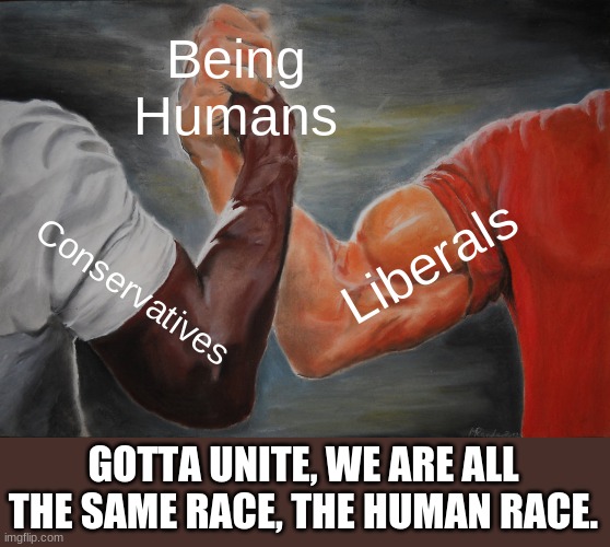 Unite | Being Humans; Liberals; Conservatives; GOTTA UNITE, WE ARE ALL THE SAME RACE, THE HUMAN RACE. | image tagged in memes,epic handshake | made w/ Imgflip meme maker