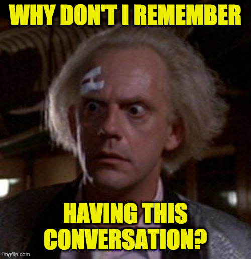Doc Brown | WHY DON'T I REMEMBER HAVING THIS CONVERSATION? | image tagged in doc brown | made w/ Imgflip meme maker
