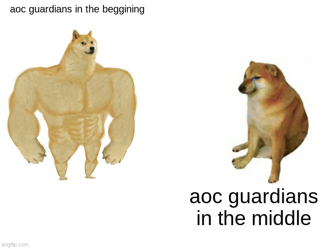 i mean, we can all relate. | aoc guardians in the beggining; aoc guardians in the middle | image tagged in memes,buff doge vs cheems | made w/ Imgflip meme maker