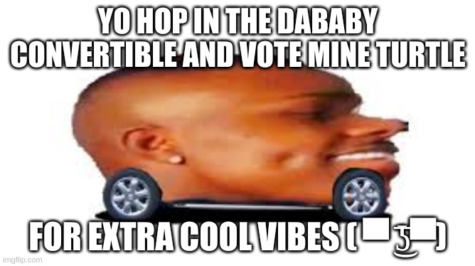 sorry i changed it up | YO HOP IN THE DABABY CONVERTIBLE AND VOTE MINE TURTLE; FOR EXTRA COOL VIBES ( ▀ ͜͞ʖ▀) | image tagged in dababy car | made w/ Imgflip meme maker