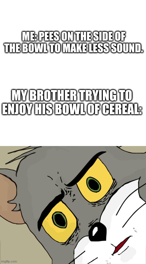 Uh,  Bro? |  ME: PEES ON THE SIDE OF THE BOWL TO MAKE LESS SOUND. MY BROTHER TRYING TO ENJOY HIS BOWL OF CEREAL: | image tagged in memes,blank transparent square,unsettled tom,cereal,step brothers,puyo puyo | made w/ Imgflip meme maker