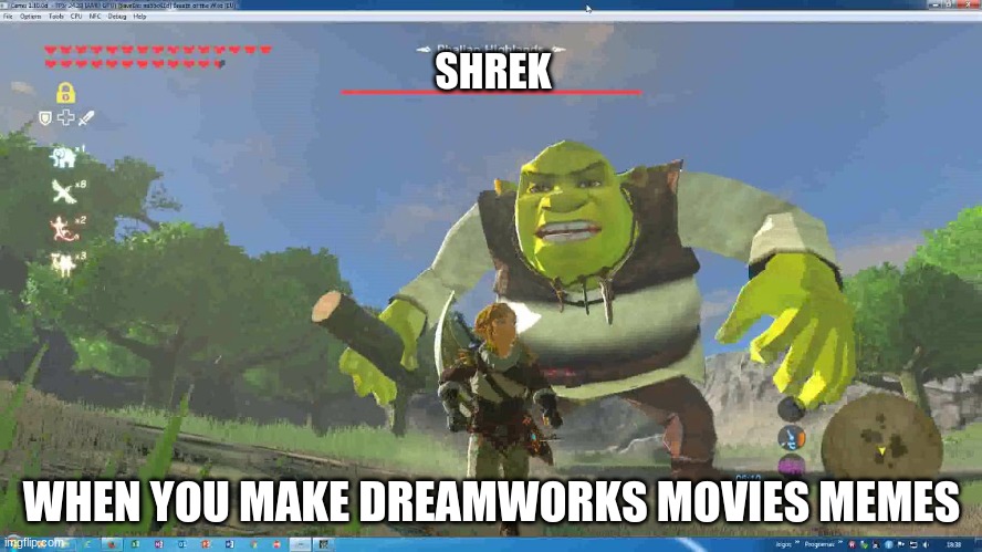 BOTW Shrek | SHREK; WHEN YOU MAKE DREAMWORKS MOVIES MEMES | image tagged in botw shrek | made w/ Imgflip meme maker