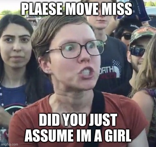 Triggered feminist | PLAESE MOVE MISS; DID YOU JUST ASSUME IM A GIRL | image tagged in triggered feminist | made w/ Imgflip meme maker
