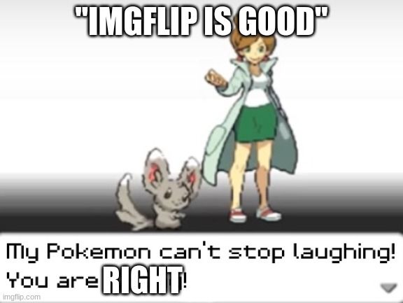 My pokemon can't stop laughing! You are RIGHT! | "IMGFLIP IS GOOD"; RIGHT | image tagged in my pokemon can't stop laughing you are wrong | made w/ Imgflip meme maker