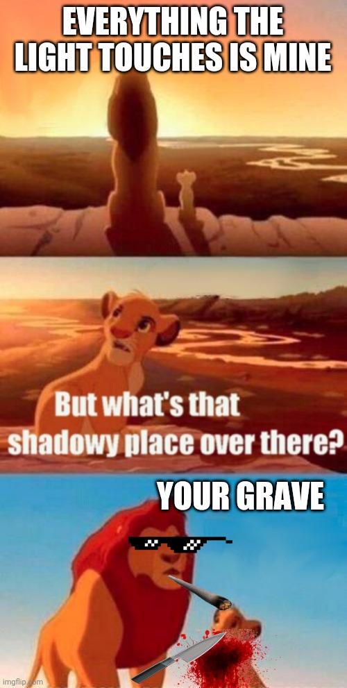 Simba Shadowy Place Meme | EVERYTHING THE LIGHT TOUCHES IS MINE; YOUR GRAVE | image tagged in memes,simba shadowy place | made w/ Imgflip meme maker