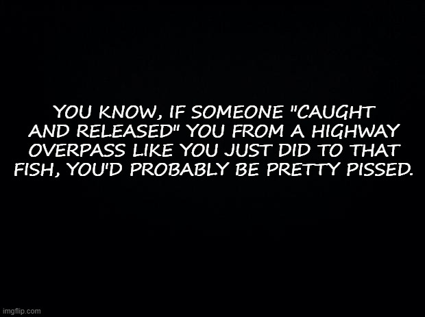 You're not a keeper | YOU KNOW, IF SOMEONE "CAUGHT AND RELEASED" YOU FROM A HIGHWAY OVERPASS LIKE YOU JUST DID TO THAT FISH, YOU'D PROBABLY BE PRETTY PISSED. | image tagged in black background,funny,fishing | made w/ Imgflip meme maker