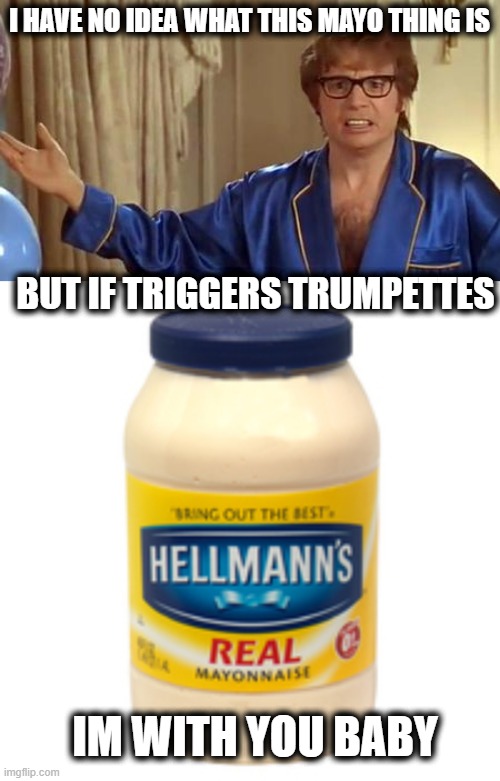 White bred | I HAVE NO IDEA WHAT THIS MAYO THING IS; BUT IF TRIGGERS TRUMPETTES; IM WITH YOU BABY | image tagged in memes,austin powers honestly,mayonnaise,politics,donald trump is an idiot | made w/ Imgflip meme maker