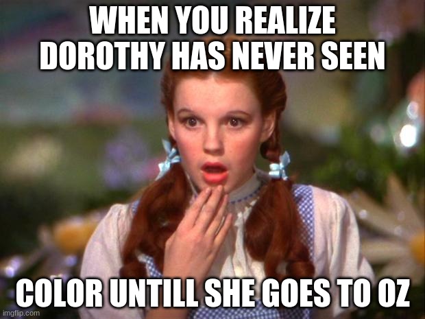 Really, this is S.H.O.C.K.I.N.G. | WHEN YOU REALIZE DOROTHY HAS NEVER SEEN; COLOR UNTILL SHE GOES TO OZ | image tagged in dorothy | made w/ Imgflip meme maker