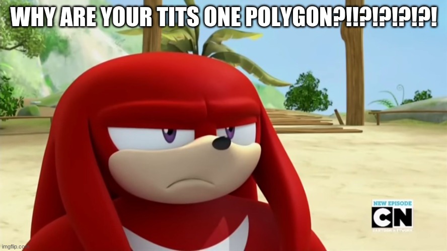 Knuckles is not Impressed - Sonic Boom | WHY ARE YOUR TITS ONE POLYGON?!!?!?!?!?! | image tagged in knuckles is not impressed - sonic boom | made w/ Imgflip meme maker